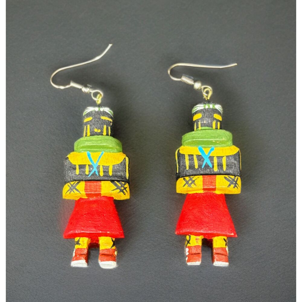 Vintage Hand-Painted Kachina Doll Earrings – Navajo or Hopi Tribal Jewelry